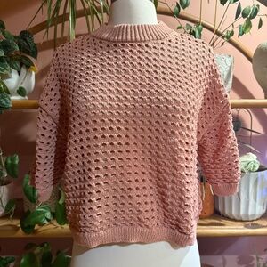 DR2 Pink Open Stitch Knit Crew Neck Shirt Sleeve Sweater Size Small